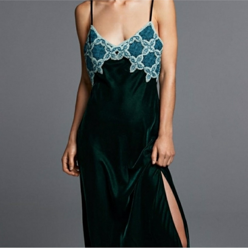 Zara Long Emerald Green Velvet Crochet Dress womens